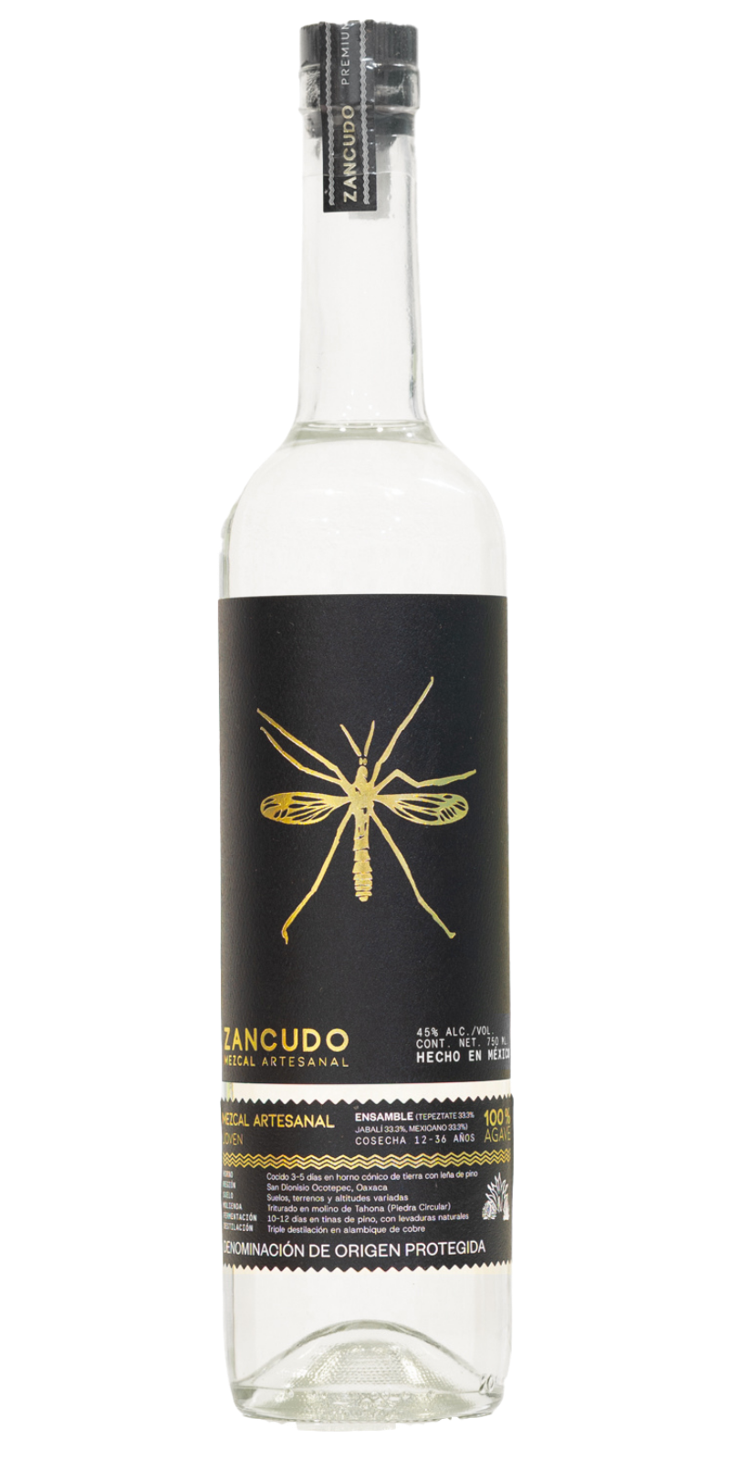 An isolated studio product shot of a clear glass bottle of Zancudo Ensamble Artisanal Mezcal against a transparent background.
